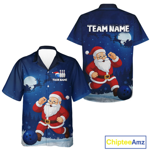 Custom Blue Funny Christmas Santa Bowling Hawaiian shirt, Bowling Team League Jersey NQS10827