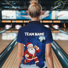 Load image into Gallery viewer, Custom Blue Funny Christmas Santa Bowling Polo, 1/4 Zip Shirt For Women, Bowling Team League Jersey NQS10827