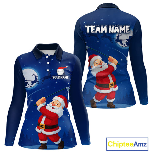 Funny Santa Christmas Golf polo shirts for Women Custom Blue team golf jerseys, Christmas golf gifts NQS10828