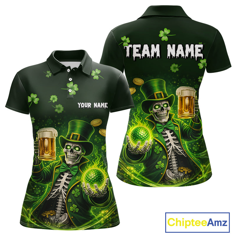 Funny Skull drink beer St Patrick day Green shamrock Women Golf Polo Shirt Custom ladies golf apparel NQS11411