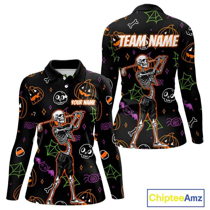 Personalized Funny Halloween Pattern Skull Golf Polo Shirts For Women, Halloween Ladies Golf Gifts NQS10836