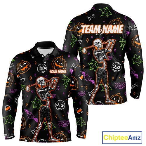Personalized Funny Halloween Pattern Skull Golf Polo Shirts For Men, Halloween Mens Golf Gifts NQS10836
