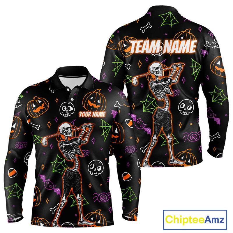 Personalized Funny Halloween Pattern Skull Golf Polo Shirts For Men, Halloween Mens Golf Gifts NQS10836