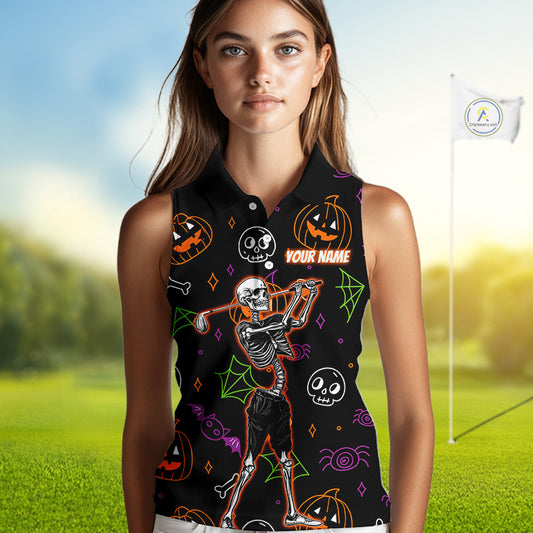 Personalized Funny Halloween Pattern Skull Sleeveless Golf Polo Shirts, Halloween Ladies Golf Gifts NQS10836