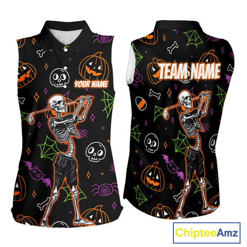 Personalized Funny Halloween Pattern Skull Sleeveless Golf Polo Shirts, Halloween Ladies Golf Gifts NQS10836
