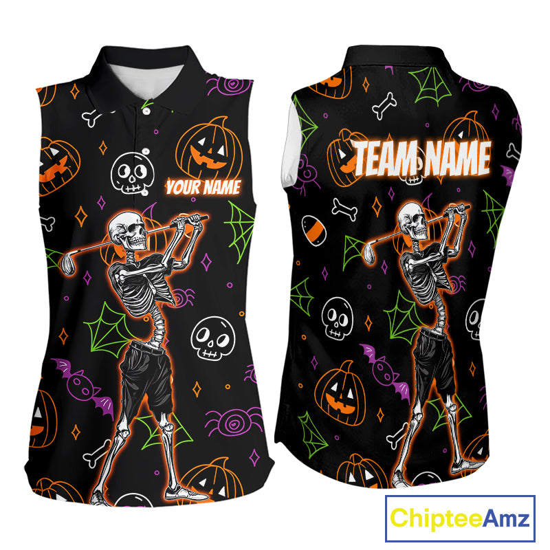 Personalized Funny Halloween Pattern Skull Sleeveless Golf Polo Shirts, Halloween Ladies Golf Gifts NQS10836