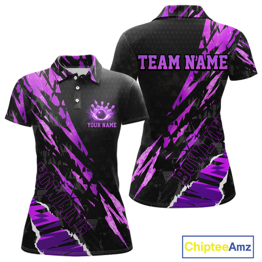 Black and Purple camo Bowling Polo shirts, 1/4 zip shirt for Women custom Bowling Team League Jerseys NQS11420