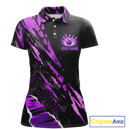 Black and Purple camo Bowling Polo shirts, 1/4 zip shirt for Women custom Bowling Team League Jerseys NQS11420