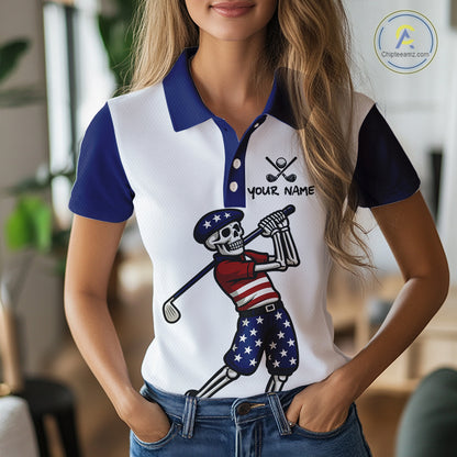 Red, White and Blue American Flag Skull Golf polo shirts for Women custom patriotic ladies golf top NQS10851