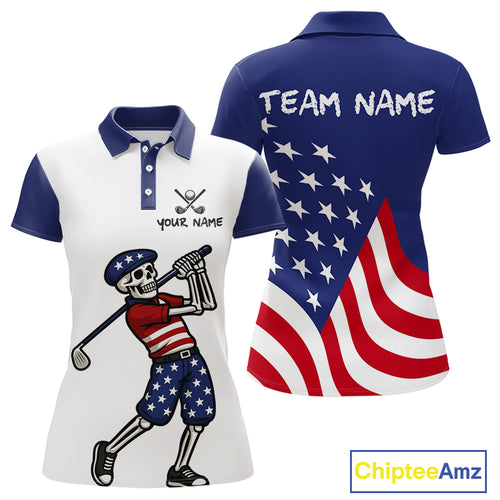 Red, White and Blue American Flag Skull Golf polo shirts for Women custom patriotic ladies golf top NQS10851