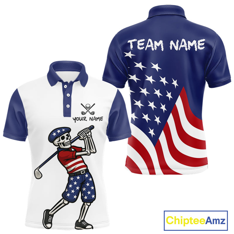 Red, White and Blue American Flag Skull Golf polo shirts for men custom patriotic golf top for men NQS10851
