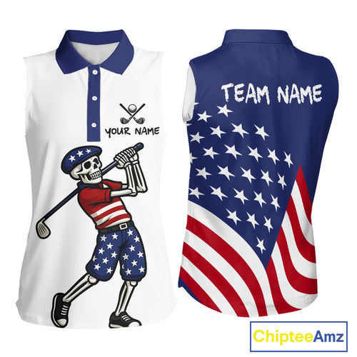 Red, White and Blue American Flag Skull Sleeveless Golf polo shirt custom patriotic ladies golf top NQS10851
