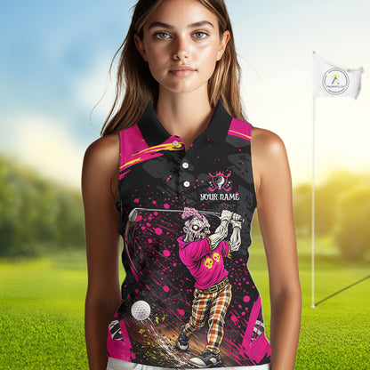 Black and Pink Funny zombie women's sleeveless polo shirts  Custom sleeveless golf shirts for women NQS11443