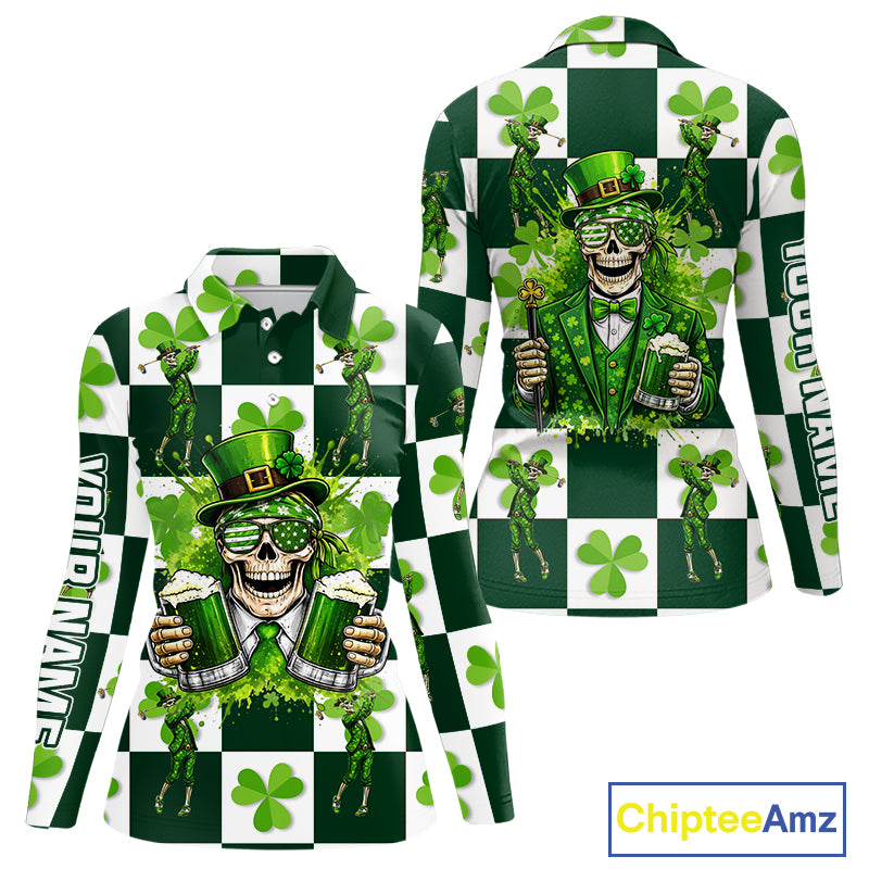 Funny Skull drink beer Clover square pattern Women Golf Polo shirts Custom St Patrick's Day golf tops NQS11454