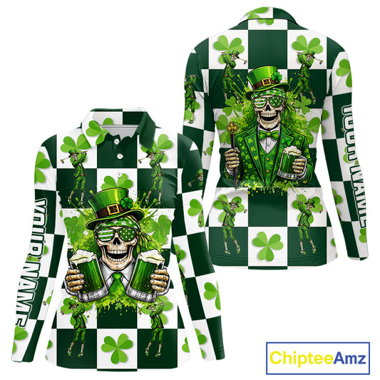 Funny Skull drink beer Clover square pattern Women Golf Polo shirts Custom St Patrick's Day golf tops NQS11454