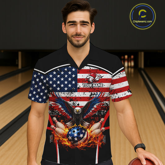 American Flag Eagle Flame Bowling Hawaiian Shirt Custom patriotic  Team Bowling Button-up Shirt NQS11735