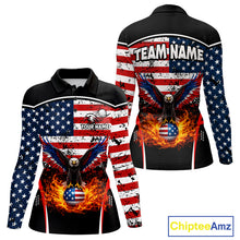 Load image into Gallery viewer, Red, White and Blue American Flag Eagle Flame Golf polo shirt for Women custom patriotic golf attire NQS11736