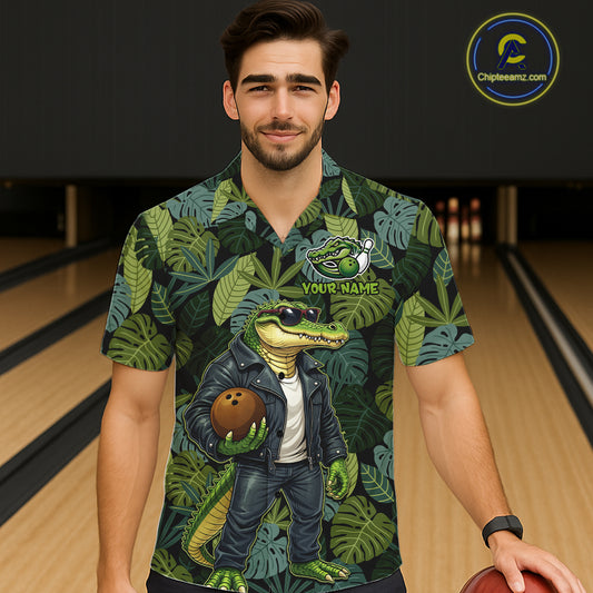 Green tropical leaf pattern Funny Alligator Bowling Hawaiian Shirt Custom Bowling Team Jerseys NQS11744