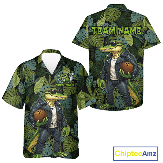 Green tropical leaf pattern Funny Alligator Bowling Hawaiian Shirt Custom Bowling Team Jerseys NQS11744
