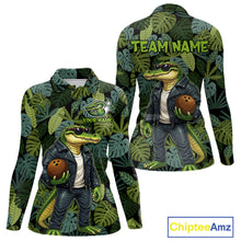 Load image into Gallery viewer, Green tropical leaf pattern Funny Alligator Bowling Shirts For Women Custom Bowling Team Jerseys NQS11744