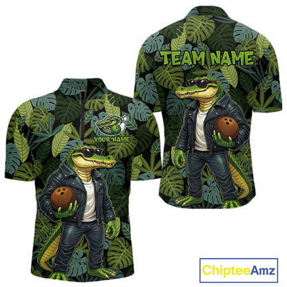 Green tropical leaf pattern Funny Alligator Bowling Shirts For Men Custom Bowling Team Jerseys NQS11744