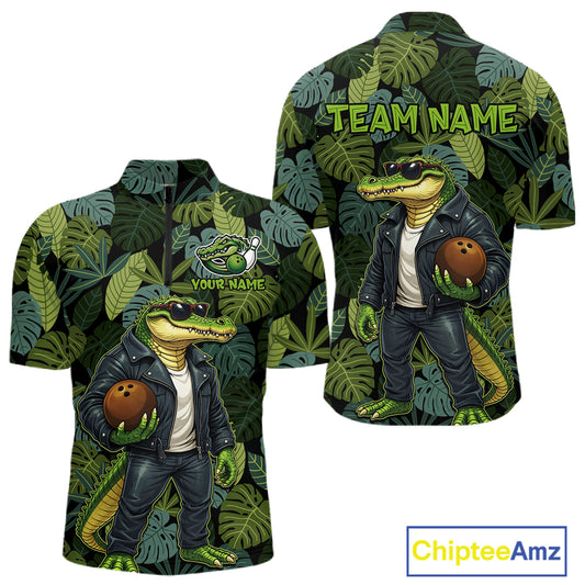 Green tropical leaf pattern Funny Alligator Bowling Shirts For Men Custom Bowling Team Jerseys NQS11744