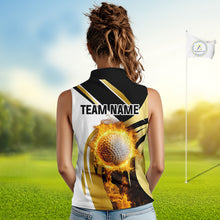 Load image into Gallery viewer, Black &amp; White Gold Flame Women Sleeveless Polo Shirt custom team ladies golf attire, golf gifts NQS10905