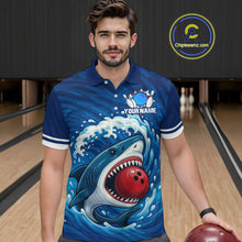 Load image into Gallery viewer, Custom Blue Shark Bowling Polo, Quarter Zip Shirts For Men, Shark Bowling Team League Shirt NQS10697