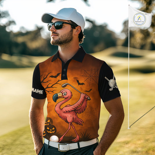 Black and Orange Funny Flamingo Golf Polo Shirt For Men Custom Halloween Golf Attire Golfing Gifts NQS10701