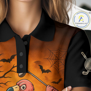 Black and Orange Funny Flamingo Golf Polo Shirt For Women Custom Halloween Golf Attire Golfing Gifts NQS10701
