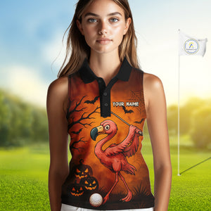 Black and Orange Funny Flamingo Women Sleeveless Polo Shirt Custom Halloween Golf Attire Golfing Gift NQS10701