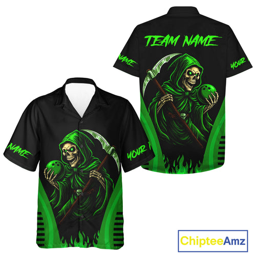 Black and Green Flame Skull Reaper Bowling Hawaiian Shirt Custom team bowling Hawaiian league shirt NQS10712