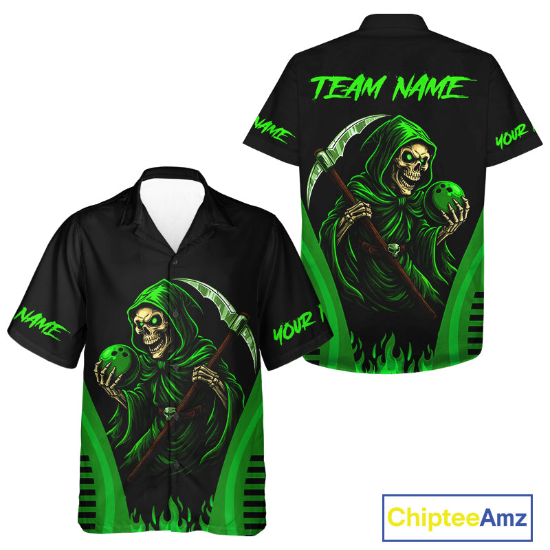 Black and Green Flame Skull Reaper Bowling Hawaiian Shirt Custom team bowling Hawaiian league shirt NQS10712