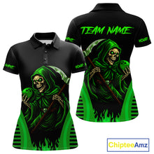 Load image into Gallery viewer, Black and Green Flame Skull Reaper Bowling Polo, 1/4 Zip shirt for Women Custom team bowling jersey NQS10712
