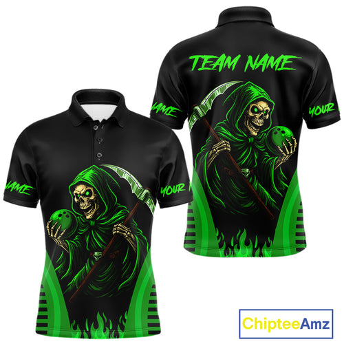 Black and Green Flame Skull Reaper Bowling Polo, Quarter Zip shirt for Men Custom team bowling jersey NQS10712
