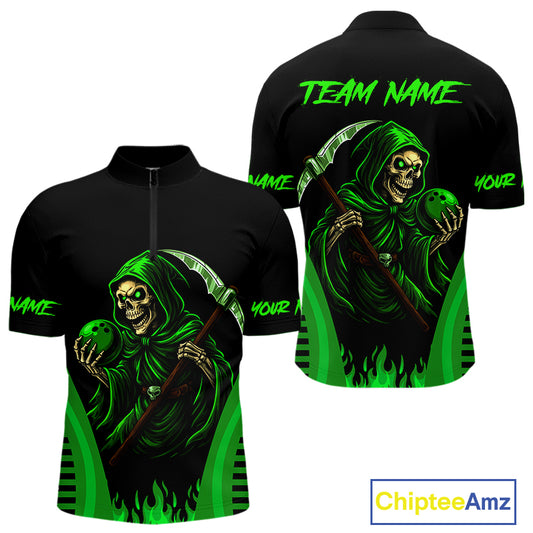 Black and Green Flame Skull Reaper Bowling Polo, Quarter Zip shirt for Men Custom team bowling jersey NQS10712