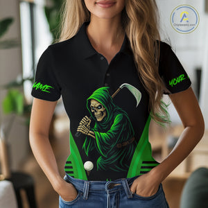 Black and Green Flame Skull Reaper Women Golf Polo Shirt Custom team golf outfits for ladies golfer NQS10713