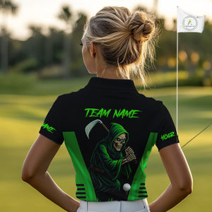 Black and Green Flame Skull Reaper Women Golf Polo Shirt Custom team golf outfits for ladies golfer NQS10713
