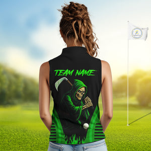 Black and Green Flame Skull Reaper Women Sleeveless Polo Shirt Custom team golf outfits for ladies NQS10713