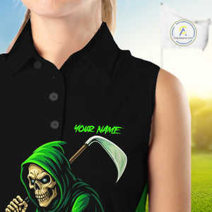 Black and Green Flame Skull Reaper Women Sleeveless Polo Shirt Custom team golf outfits for ladies NQS10713