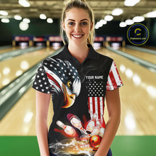 Load image into Gallery viewer, American Flag smoke Eagle Bowling Polo, 1/4 zip Shirts For Women Custom patriotic Bowling team jersey NQS10719