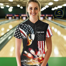Load image into Gallery viewer, American Flag smoke Eagle Bowling Polo, 1/4 zip Shirts For Women Custom patriotic Bowling team jersey NQS10719