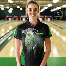Load image into Gallery viewer, Black and Green ufo alien Bowling Women Bowling Polo, quarter zip Shirts Custom Bowling Team Jersey NQS10726