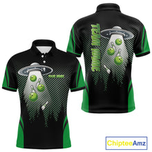 Load image into Gallery viewer, Black and Green ufo alien Bowling Mens Bowling Polo, quarter zip Shirts Custom Bowling Team Jersey NQS10726