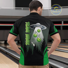 Load image into Gallery viewer, Black and Green ufo alien Bowling Mens Bowling Polo, quarter zip Shirts Custom Bowling Team Jersey NQS10726