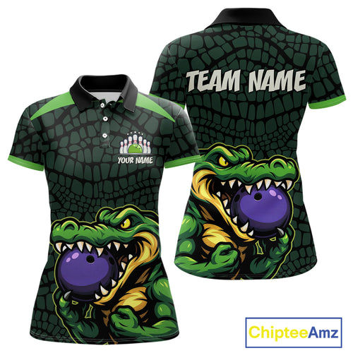 Green Alligator Bowling Polo, Quarter Zip shirts for Women Custom Team bowling uniform jersey NQS10734