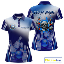 Load image into Gallery viewer, Personalized Blue Gradient Skull Bowling Shirts For Women Custom Bowling Team Jerseys Gift For Bowler NQS11138