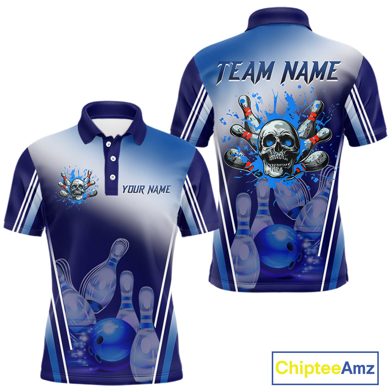 Personalized Blue Gradient Skull Bowling Shirts For Men Custom Bowling Team Jerseys Gift For Bowlers NQS11138