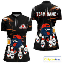 Load image into Gallery viewer, Custom Black And Orange Funny Beer Bowling Women Polo, Quarter Zip Shirts, funny bowling shirts NQS10959