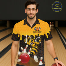 Load image into Gallery viewer, Custom Black and Yellow Honey Pattern Angry Bee Bowling Team Button-up Shirt, Bowling League Shirts NQS11705